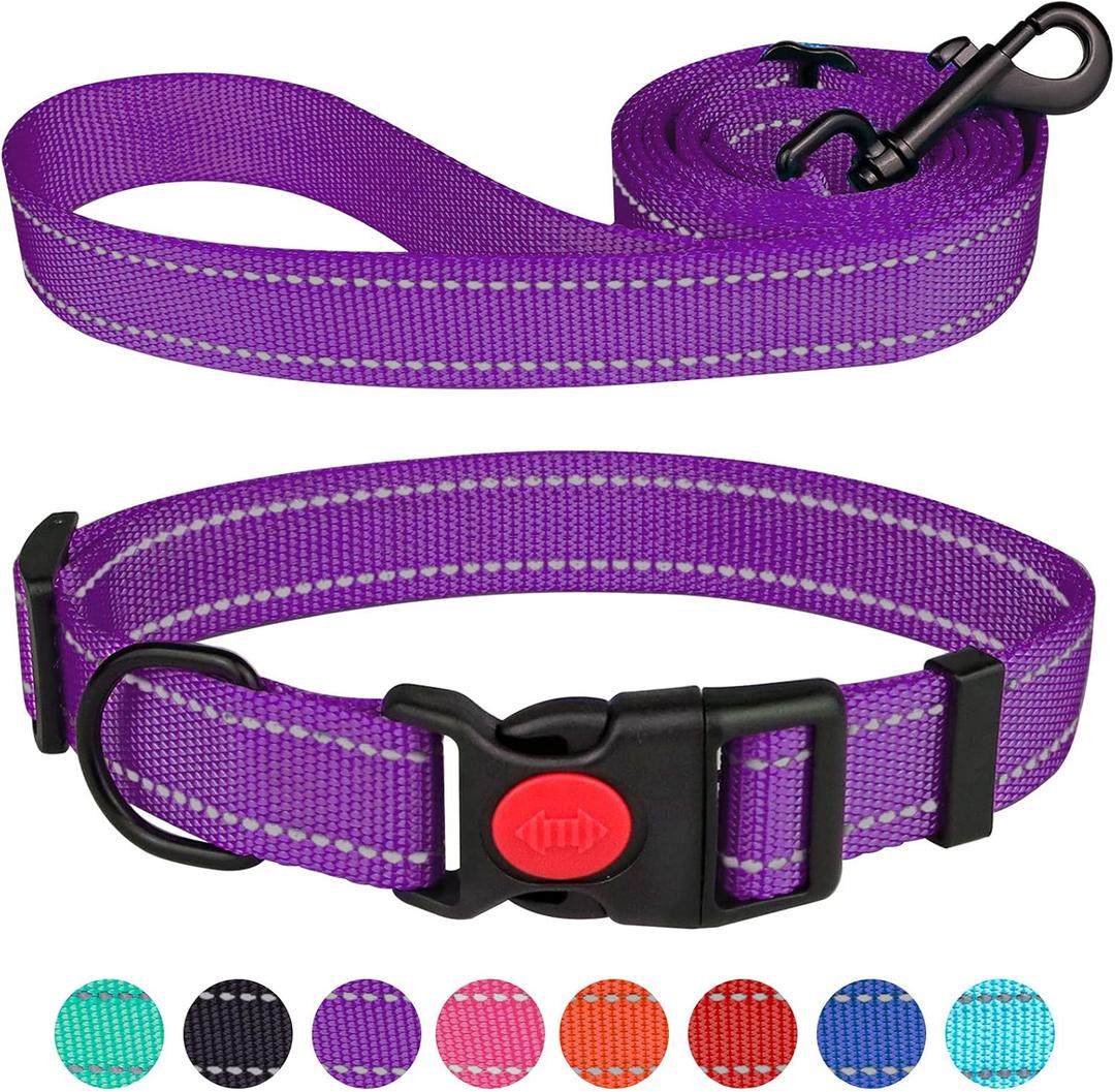 Reflective Dog Collar and Leash Set with Safety Locking Buckle Nylon Pet Collars Adjustable for  Dogs (Purple&M)