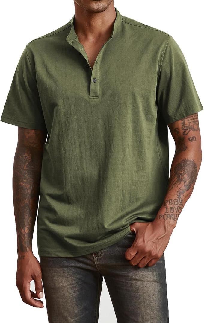 Mens Cotton Linen Shirts Short Sleeve Henley T-Shirt Summer Casual Lightweight Hippie Beach Tops (M)
