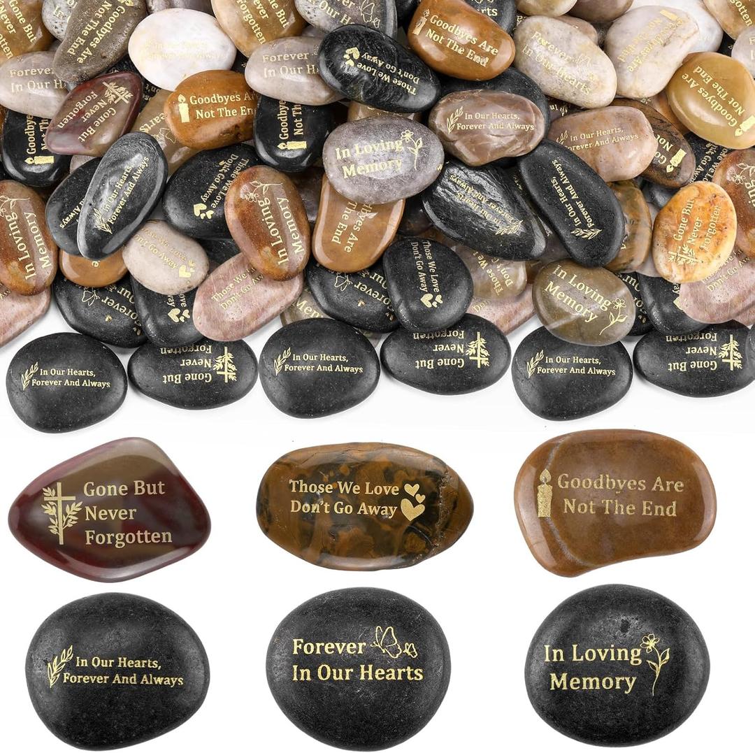 Yuntau 60 Pcs Memorial Stone 1.97 Inch Celebration of Life Favor Inspirational River Rock Engraved in Loving Memory Funeral Favor Decoration for Memorial Day Gift (Deep Color,Classic Style)
