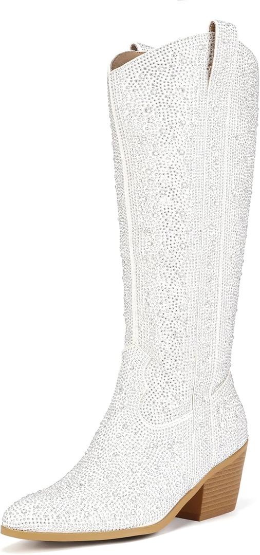 IDIFU IN3 Rhinestone Cowboy Boots For Women Knee High Western Cowgirl Boots Pointed Toe Block Chunky Heels Sparkly Glitter Long Tall Dress Booties Party Bling Shiny Boots (8)