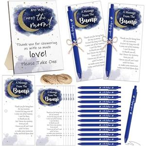 Sintuff 50 Set Baby Shower Favors for Guest 1 Thank You for Coming Sign 50 Ballpoint Pens 50 Thank You Cards with Twine Baby Shower Return Gifts for Gender Reveal(Dark Blue, Moon)