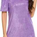 FEMI SEMI Women Puff Short Sleeve Sparkle Shift Dress Crewneck Sequin Shimmer Cocktail Party Dress (Purple, S)