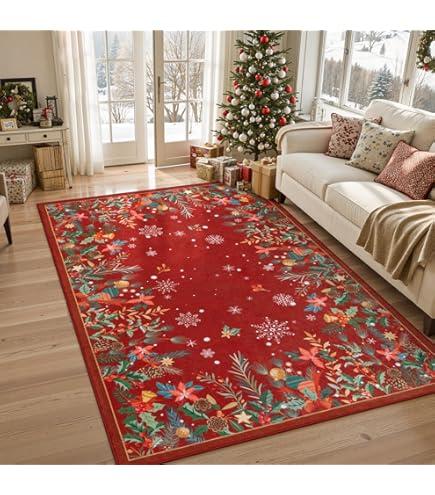 Wonnitar Christmas Entryway Rug 2x3, Red Botanical Kitchen Rug, Non-Slip Washable Small Rug Door Mat Indoor Snowflake Holiday Decor Carpet for Entry Bedroom Bathroom(Christmas Red, 2'x3')