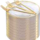Rubtlamp 200Pcs Clear Gold Dessert Plates With Plastic Gold Forks, 100pcs 7.5inch Plates For Appetizers,100pcs 7.8inch Premium Forks Disposable, Cake Platos Disposable for Wedding