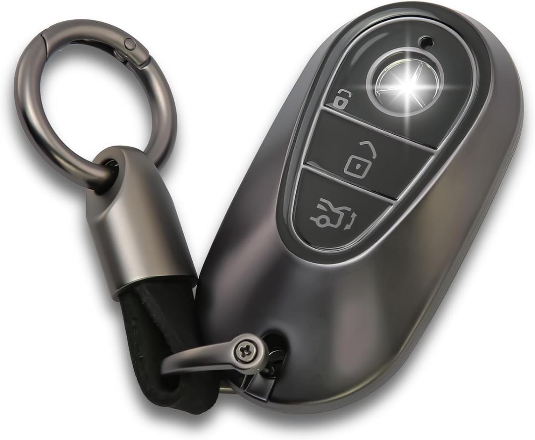 for Mercedes Benz Key fob Cover with Metal Keychain Case Key Shell Protector Compatible with 2020-2024 S-Class G-Class E-Class EQE EQS Accessories Grey