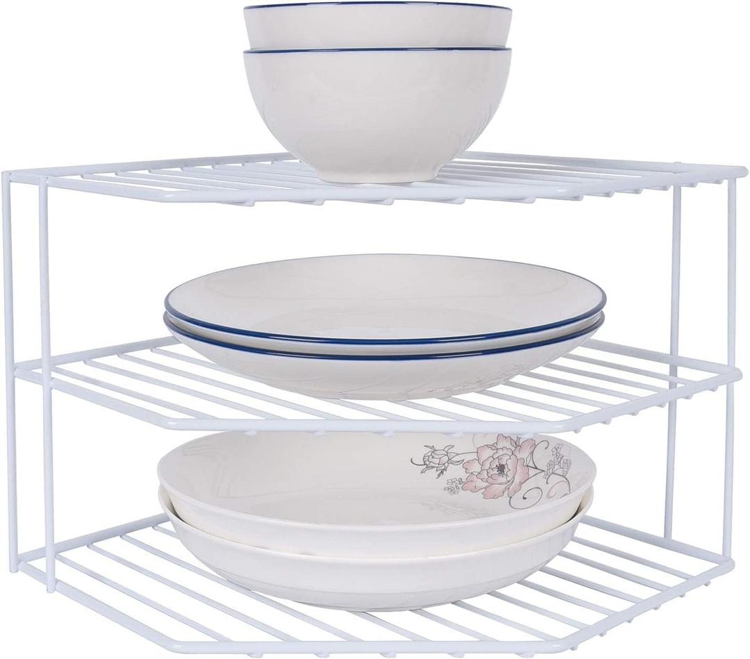 3-Tier Corner Shelf Counter and Cabinet Organizer -Countertop Organizer - Cabinet Corner Rack for Plate - Cabinet & Pantry Kitchen Organization (White)