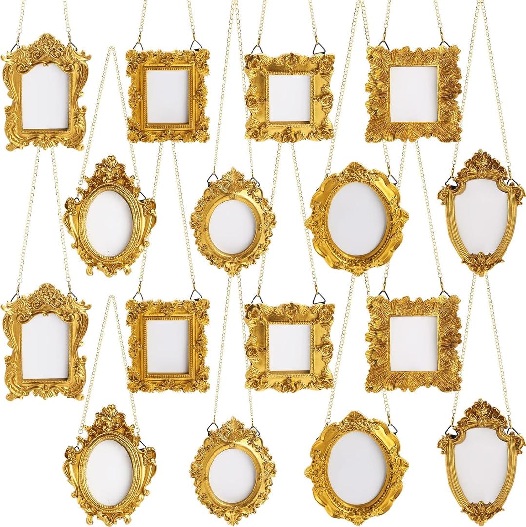Chunful 16 Pcs Vintage Small Gold Resin Picture Frame Mini Antique Photo Frame Tiny Vintage Baroque Resin Oval Rectangle Hanging Ornament with Back and Chain for Home Wedding Holiday Decor