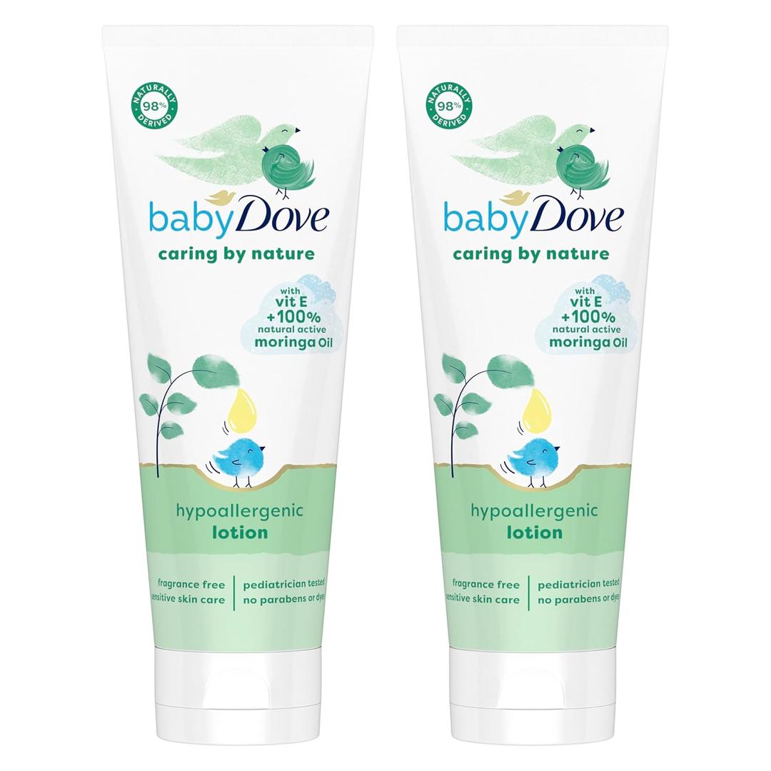 Baby Dove Hypoallergenic Lotion Caring By Nature 2 Count Build a Healthy Foundation for Your Baby's Skin Contains Vitamin E and 100% Natural Moringa Oil 13.5 fl oz (Pack of 2)
