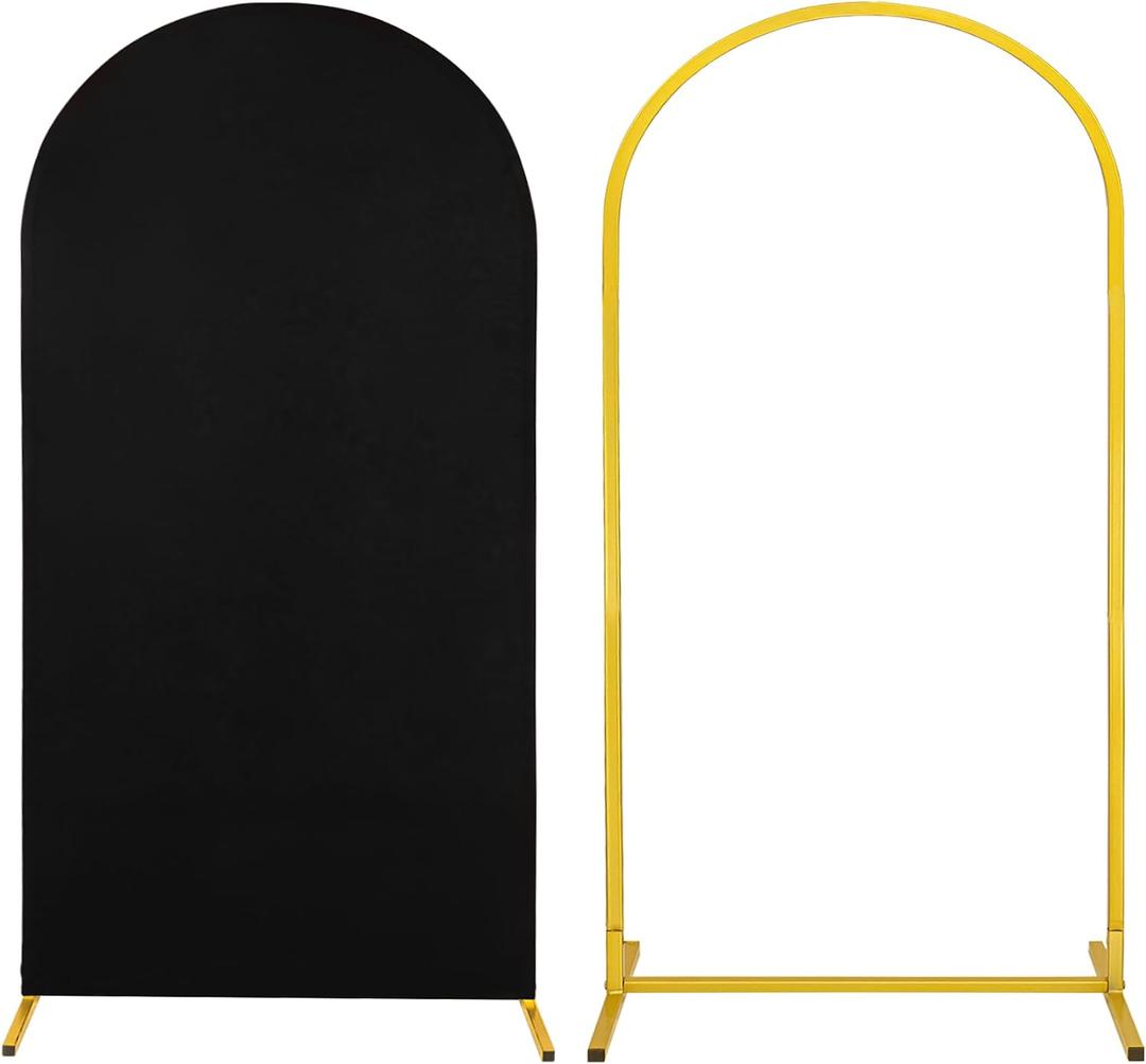 Metal Arch Stand and Cover Set,1 Black Spandex Fitted Backdrop with 1 Gold Wedding Arched Stand Frame for Parties Birthday Baby Shower Bridal Banquet Decoration (6.6FT)