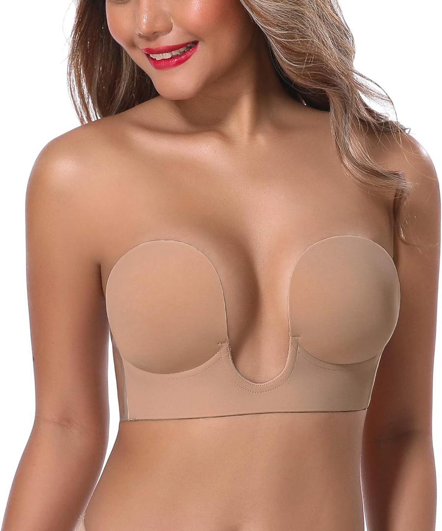 JOATEAY Sticky Bra Deep Plunge Strapless Backless Sticky Underwire Push Up Adhesive Bra (DD, Nude)
