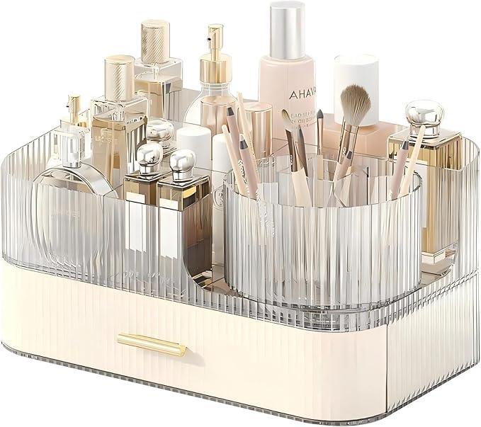 DASITON Makeup Organizer with Drawers and Rotating Makeup Brush Holder,Large Capacity Stackable Cosmetic Organizer Countertop,Bathroom Organizers and Storage,Make up Organizers for Vanity