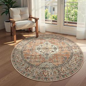 Lahome Oriental Washable Round Rugs, Non-Slip Round Rug 4ft Ultra-Thin, Vintage Soft Small Circle Carpet for Entryway Kitchen Bedroom Nursery Bathroom Eleanor, Peach/Orange