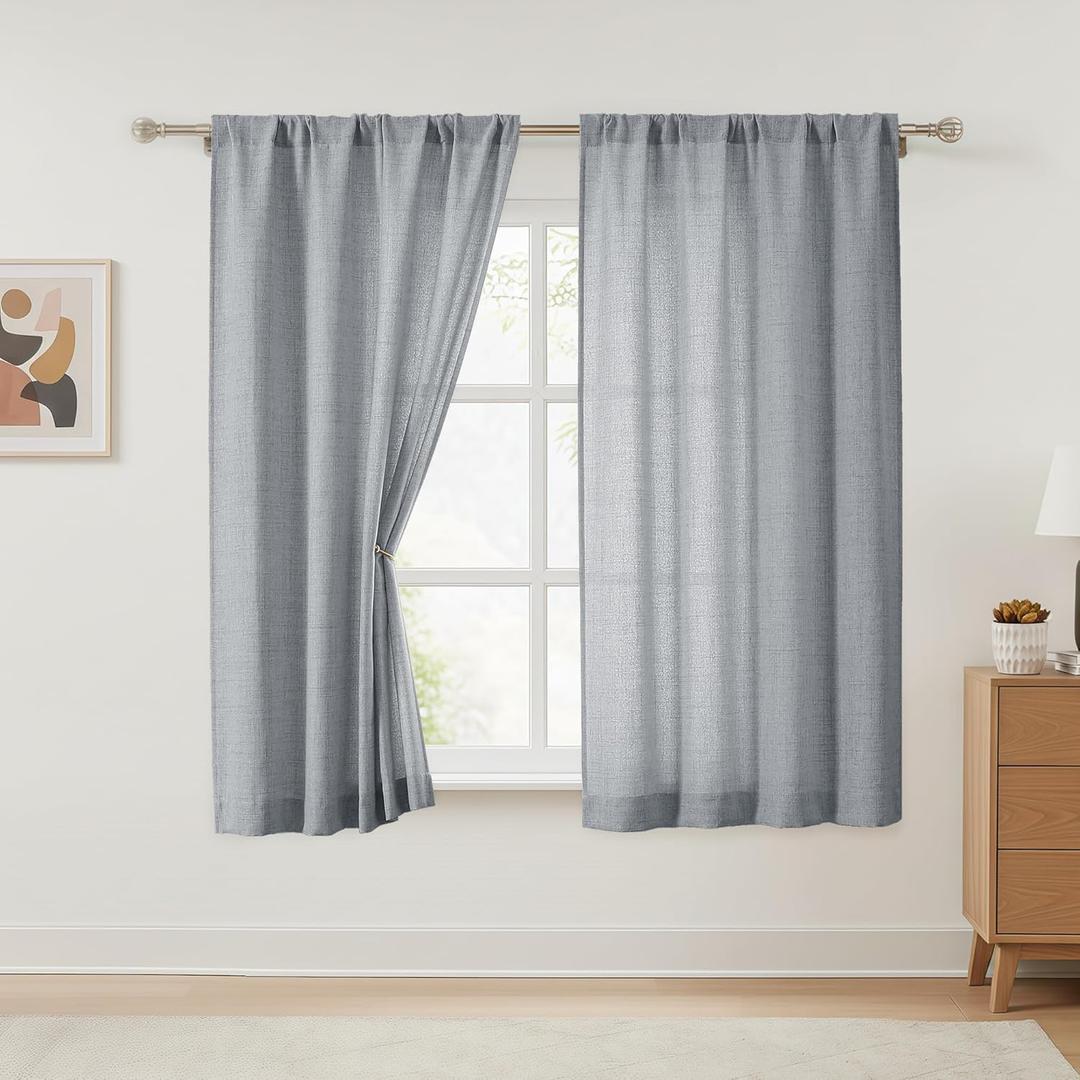 OVZME Grey Curtains 54 Inch Length 2 Panels Set, Light Filtering Textured Faux Linen Fabric Window Curtains for Bedroom, Rod Pocket Modern Drapes for Living Room Basement, 2x42Wx54L Inches