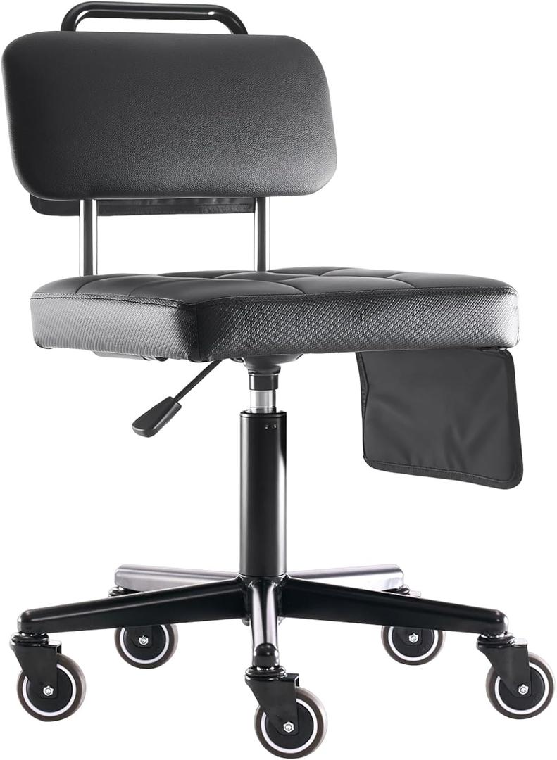 Adjustable Rolling Shop Stool with Tool Bags, Black Padded Seat, TPE Wheels, Real Backrest, Easy Handrail (Regular Work Seat Height(18-25"))