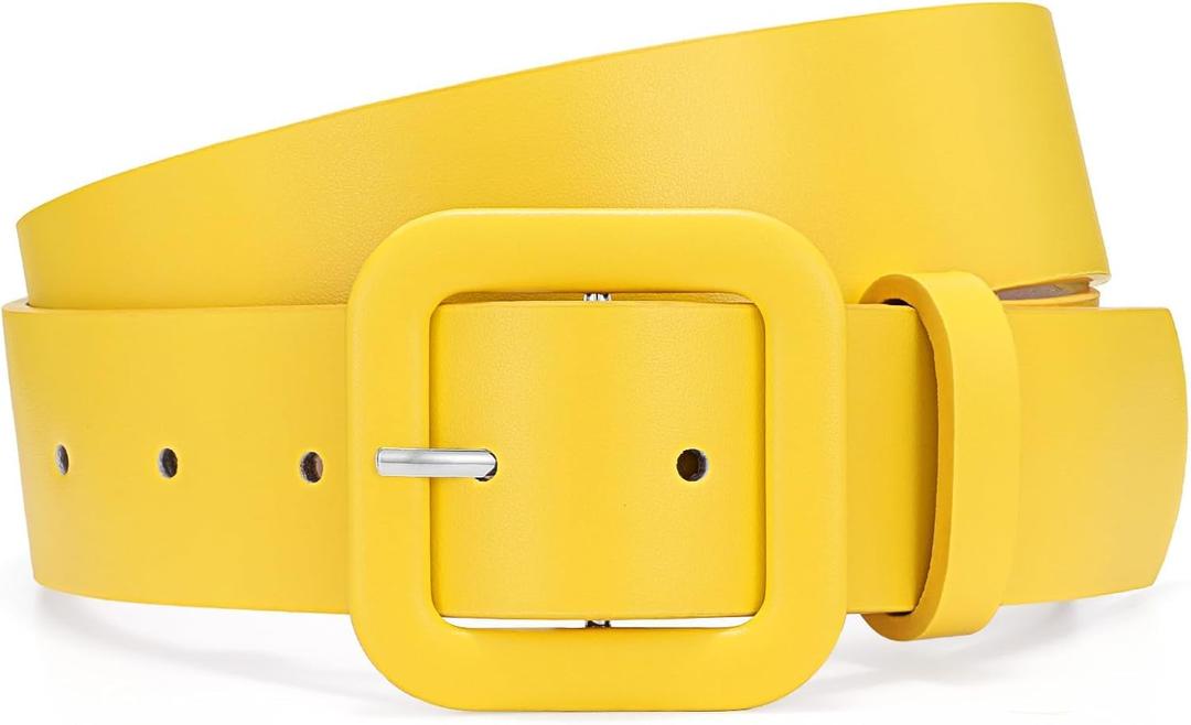 WHIPPY Women Leather Belt Candy Color Fashion Square Buckle Belt Ladies Belt for Jeans Pants Dresses (L: Fit Waist Size 36"-40", Yellow)