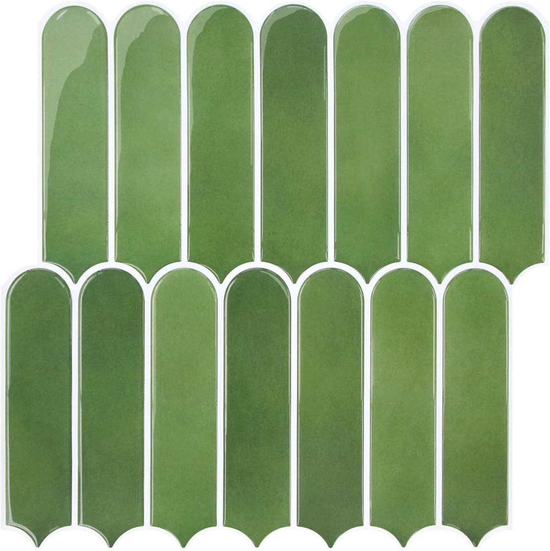 Commomy Thicker Green Peel and Stick Tile Backsplash - 10 pcs of 12" x 12" - 3D Adhesive Peel and Stick Backsplash for Kitchen, Bathroom, Removable, Waterproof, Vinyl Wall Tile (Glossy Ceramic Green & Thicker Design)