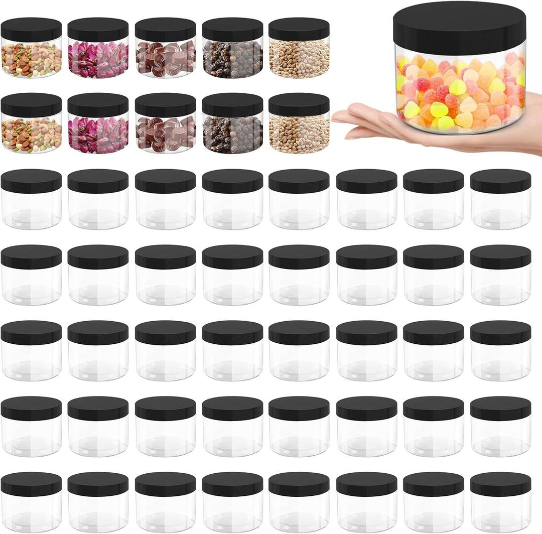 50 Pcs 10 Oz Plastic Jars with Lids Containers Storage Airtight Wide Mouth Food Jar Clear Cylinder Container for Grocery Kitchen Dry Food Butter Honey