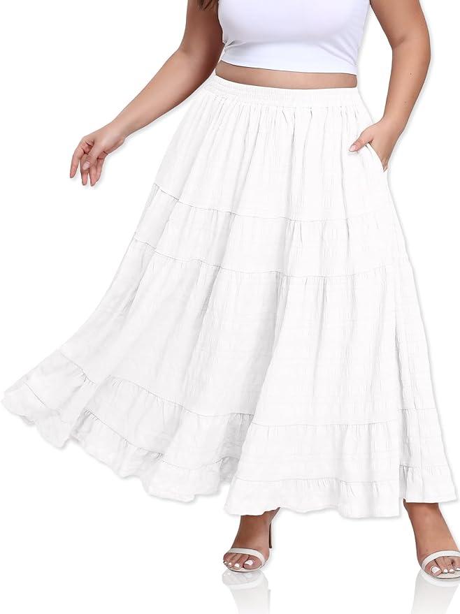 LassDazz Women's Plus Size Maxi Skirt Layered Tiered Long Skirts High Waisted A Line Flowy Maxi Skirt with Pockets White XX-Large Plus