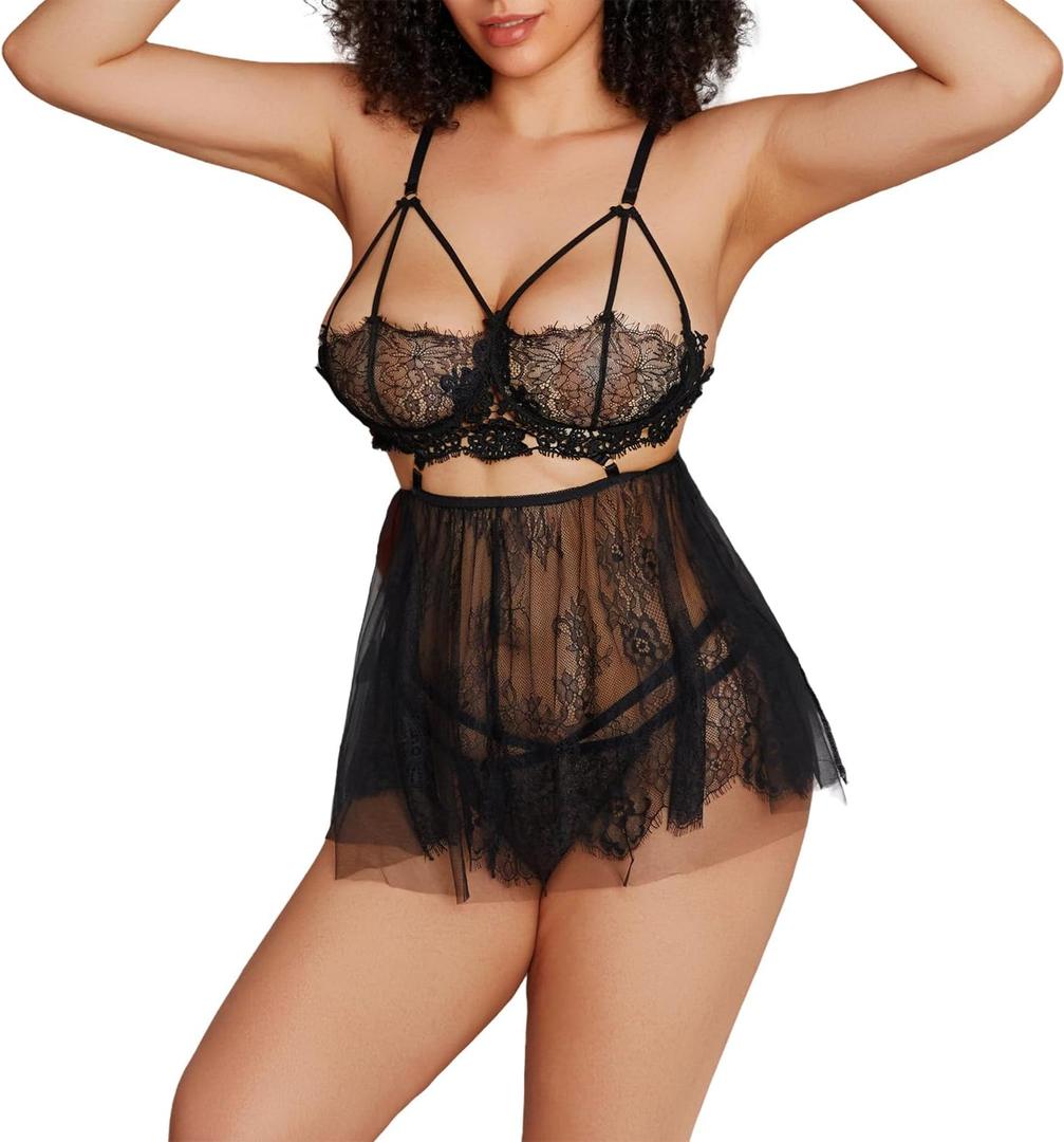 Cute mini skirt lace dress nightgown sexy lingerie for women rave naughty maid outfits see through suspender (Black, XL)