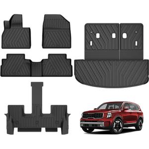 Floor Mats Cargo Mat with Backrest Mat Fit for 2020-2025 Kia Telluride 7&8 Seats - All Weather TPE Floor Liners Cargo Liner Trunk Mat Back Seat Cover Protector for 2024 2025 Telluride Accessories