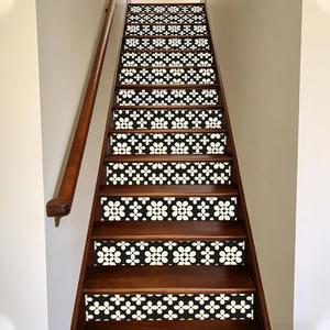 15Pcs Black and Beige Staircase Stickers Geometric Flower Vintage Tile Stickers Beauiful Self-Adhesive Water Proof Staircase Decor for Steps Living Room Park Bars 39.3" W x 7.08" H