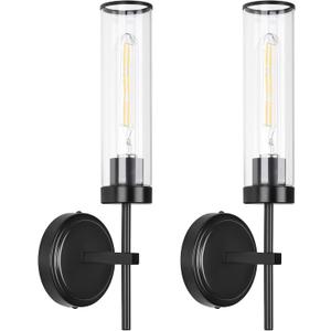 Wall Sconces,Wall Lighting Indoors Set of Two,16" 60W Black Modern Bathroom Sconces Wall Lighting with Clear Glass Shade for Living Room Corridor Mirror Bedroom Stairs (Hard Wired, Black-Hard Wired)