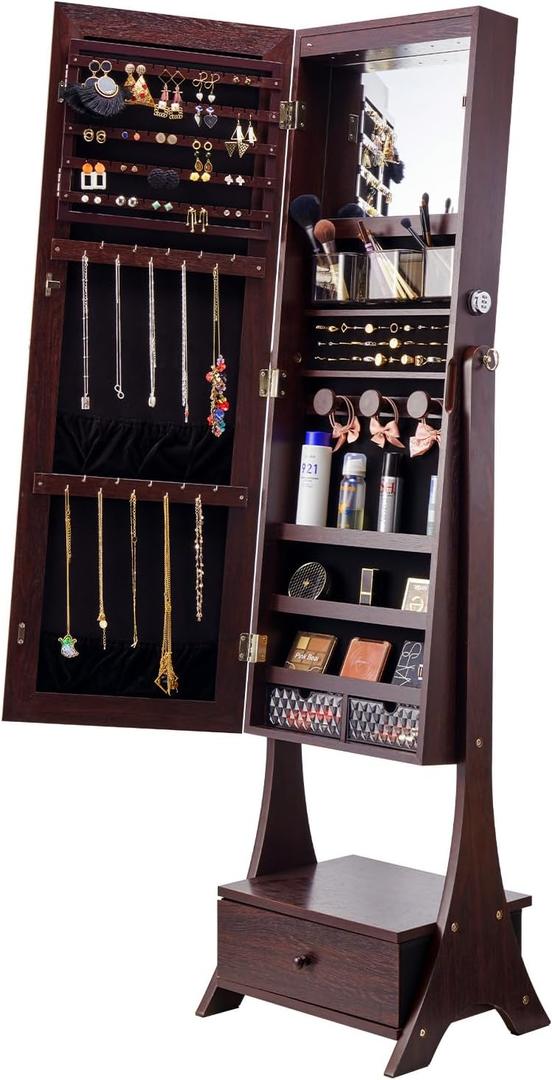 VEVOR Jewelry Cabinet Armoire, 62-Inch Tall Lockable Jewelry Organizer with Full-Length Mirror, LED Light, Velvet Lining, Drawer, Freestanding, Brown