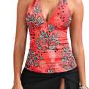 Yonique 2 Piece Swimsuits for Women Halter Tankini Top with Skirt Bottom V Neck Bathing Suit (Large, Red Floral)