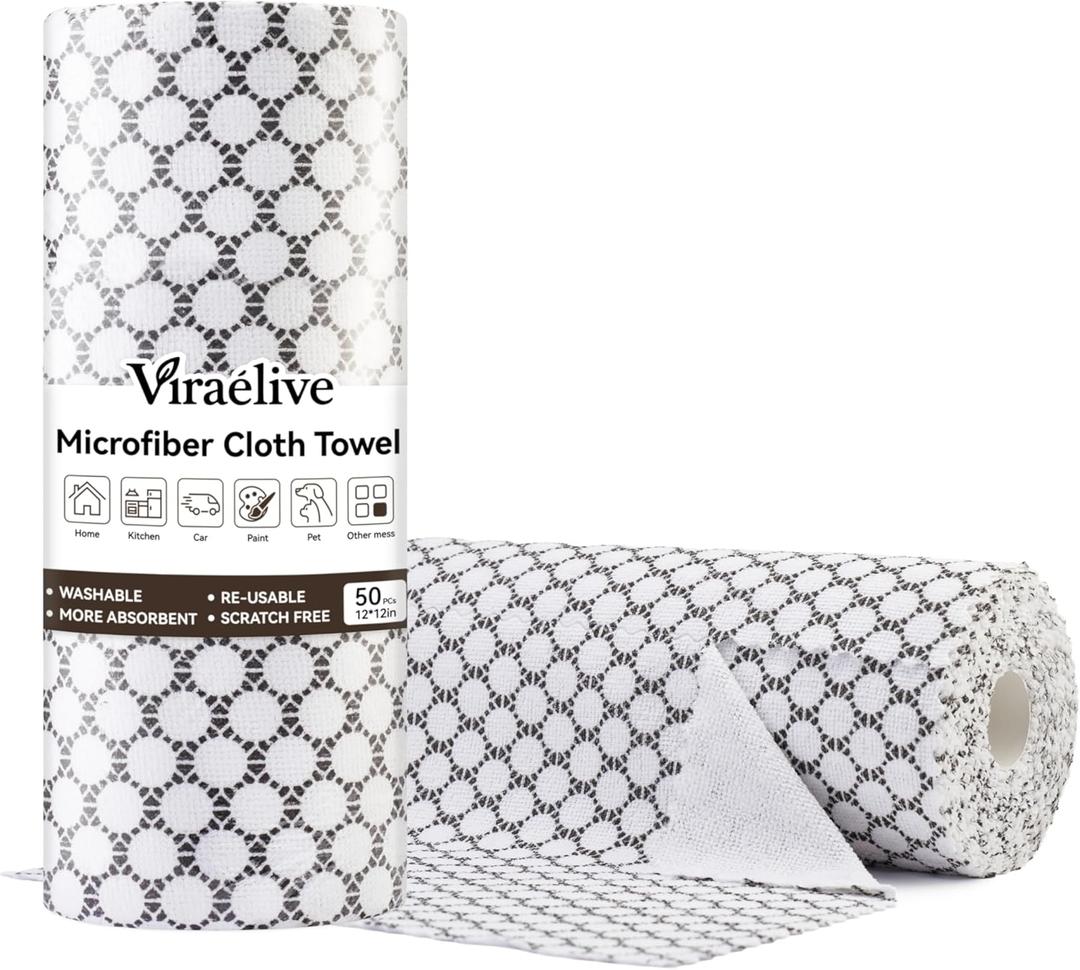 Microfiber Cleaning Cloth Roll, 50 Tear-Away Sheets, Reusable & Washable, Lint-Free, Non-Scratch, Highly Absorbent Cleaning Cloths for Kitchen, Home, Car & Windows, White Waffle, 12 x 12 in
