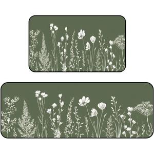 BSFHH Set of 2 Kitchen Rugs - 17"x47"+17"x30" Kitchen Mats for Floor Washable Non Slip Front Door Mat Floor Rug for Home Kitchen Decorations, Sink, Office, Laundry (Grass)
