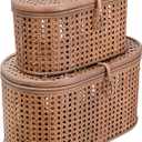 Modern Decorative Oval Woven Rattan Storage Boxes, Set of 2 Sizes, Dark Brown Finish