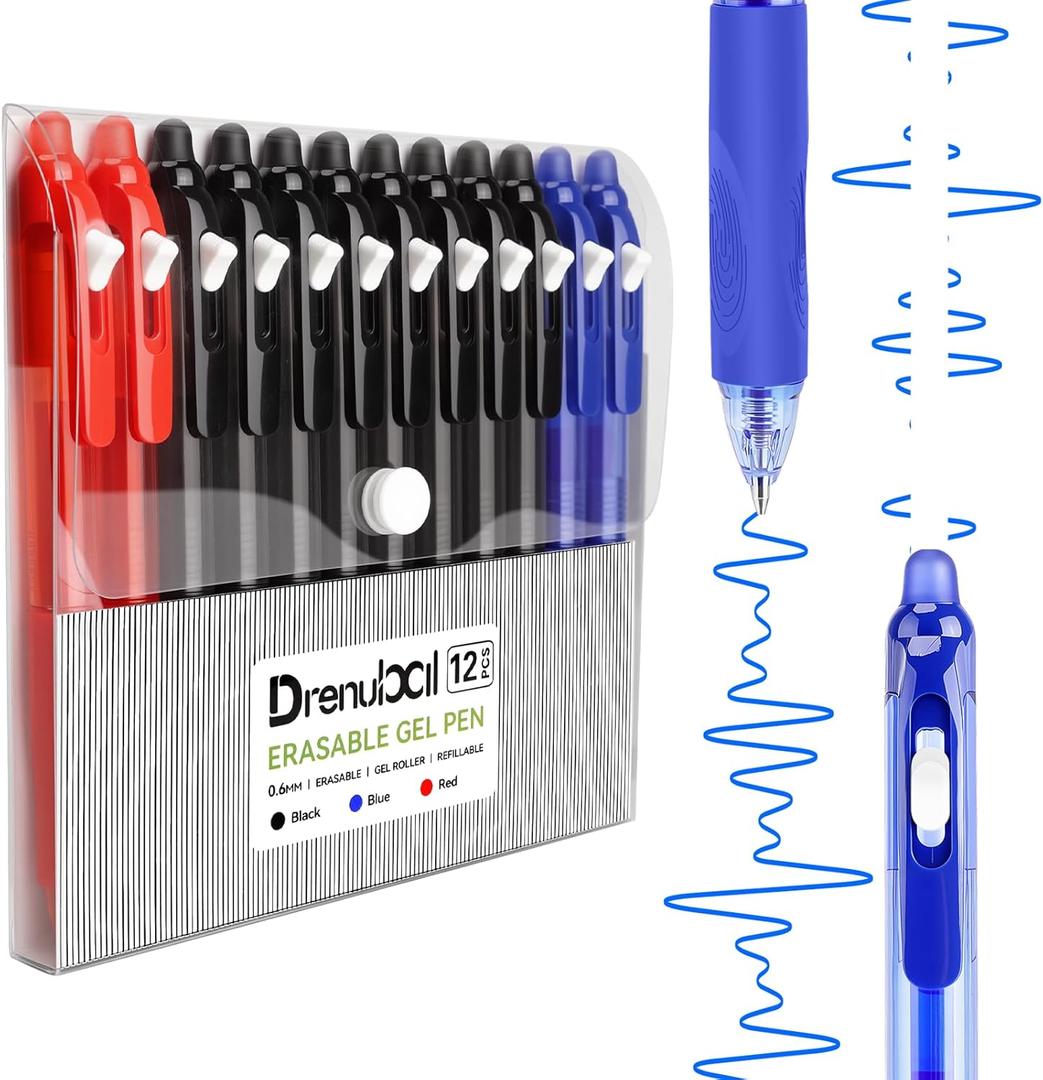 12-pack Erasable Pens - Black & Blue Gel Ink, Quick-Drying, Retractable Comfort Grip Writing Pens for School, Office, Exams - Gift Set for Students, Kids & Artists (3 Color)