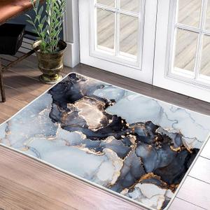 Modern Abstract Area Rug - 2x3ft Blue Marble Texture Bath Mat, Non-Slip Washable Low-Pile Rug for Bathroom Kitchen Decor
