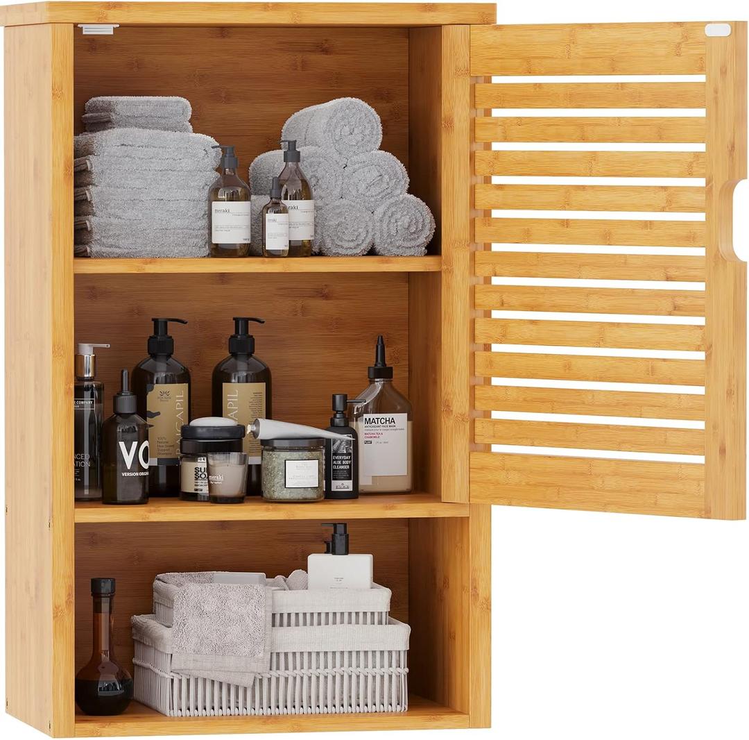 VIAGDO Bathroom Wall Cabinet, Wooden Medicine Cabinet with Single Door and Adjustable Inner Shelf, Bamboo Storage Cabinet Wall Mounted, Over The Toilet Hanging Cupboard, 15.7Lx7.8Wx23.6H, 15.7 x 7.8 x 23.6 cm