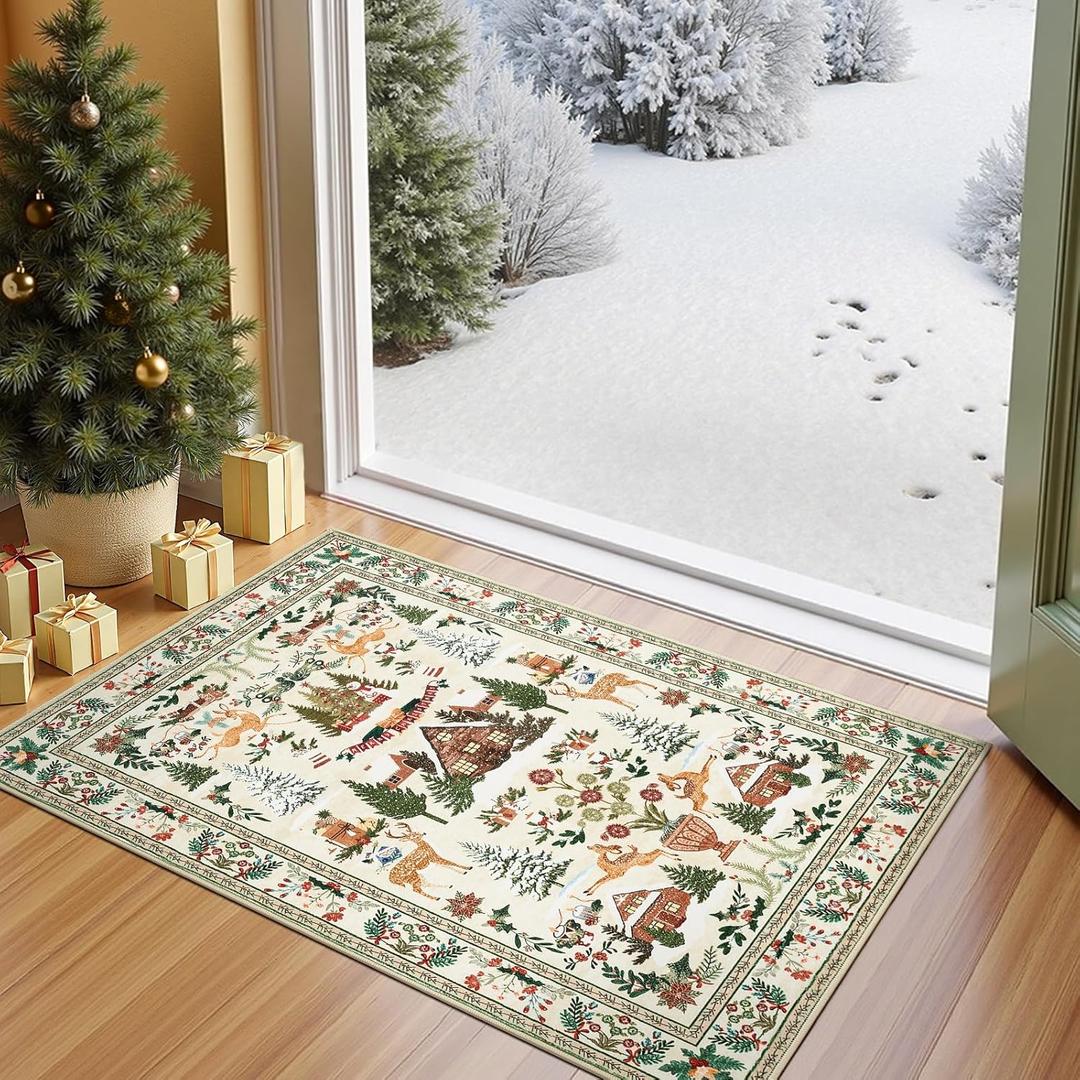 jinchan Christmas Rug 2x3 for Entryway Kitchen Small Holiday Rug for Porch Bathroom Christmas Tree and Cabin Printed Xmas Decor Washable Doormat for Bedroom Non Slip Green on Beige