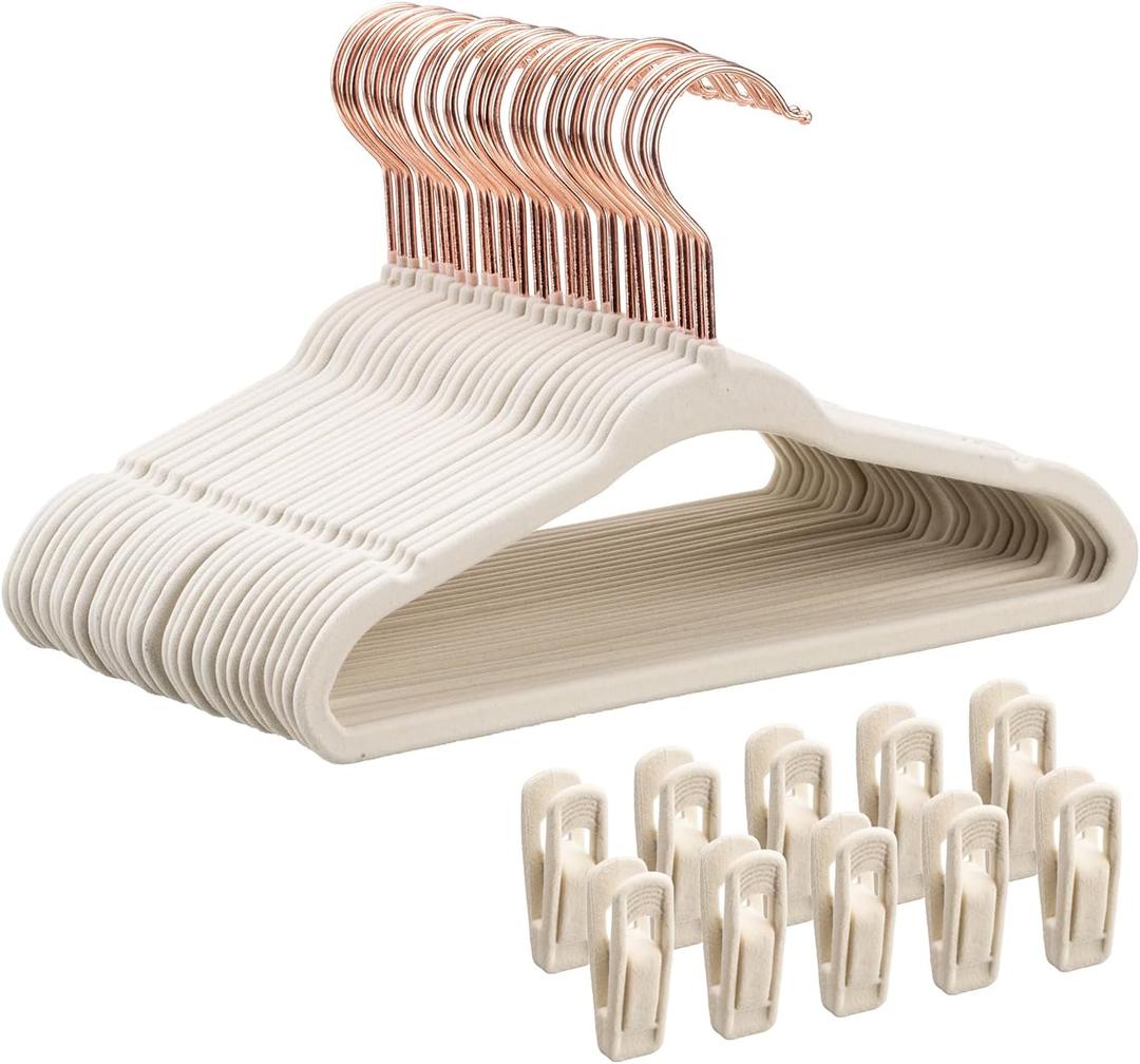 Tonswachic Baby Velvet Hangers 30 Pack - 11 Inch Premium Felt Non Slip Kids Hanger for Infant & Toddler Clothes - 0.2" Slim Space-Saving Baby Felt Hangers for Children's Closet with 10 Clips - Beige