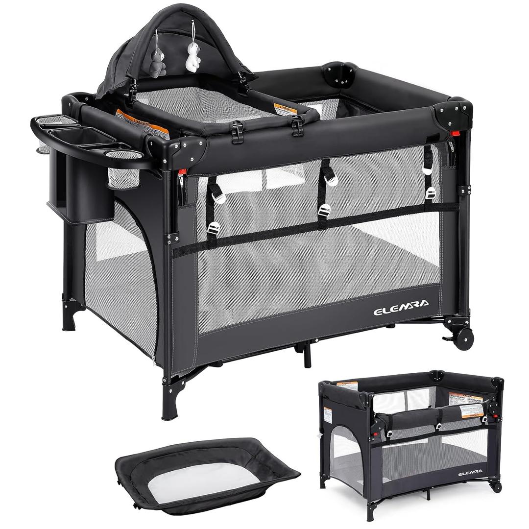 ELEMARA 5 in 1 Pack and Play, Adjustable Baby Bedside Bassinet Sleeper,1-Second Setup Foldable Playard from Newborn to Toddles,Bedside Crib with Changing Table,Portable Travel Bassinet,Ziper Door,Gray