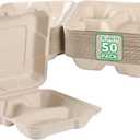 To Go Food Boxes with Lids - 8x8'' 50-Pack Biodegradable 3 Compartment Clamshell Take Out Containers, Disposable Carry Out Meal Prep Paper Containers For Lunch, Stackable, 100% Natural