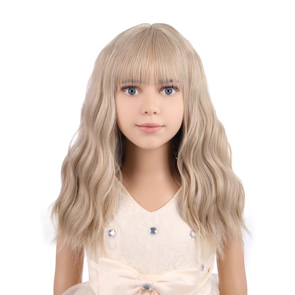 Blonde Wig Kids Child Short Wavy Wig with Bangs Flaxen Blonde Wigs Synthetic Girls Cosplay Halloween Party Costume Wigs (Flaxen Blonde)