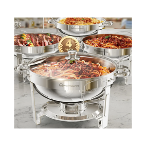 Round Chafing Dishes for Buffet with Glass Lid (5QT, 4 Pack), Chafers and Buffet Warmers Set with Mirror-Polished Stainless Steel, Rolled Rim, Stackable, Lid Holder for Parties, Catering