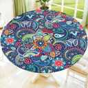Moosfor Spandex Elastic Fitted Round Tablecloth for 36"-44" Tables, Stretch Washable Reusable Table Cover for Outdoor Picnic, Camping, Dining, Kitchen, Patio and Party, Paisley