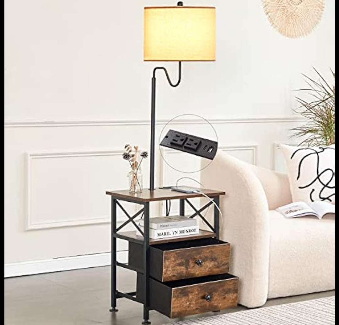 LOKHOM End Table with Lamp, Floor Lamp with Table Attached, Rustic Bedside Nightstand with USB Type-C Charging Port 2 Outlets and 2 Fabric Storage Drawers, Side Table with Lamp for Bedroom Living Room