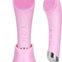 PRITECH Facial Cleansing Brush, Rechargeable Silicone Face Scrubber with Heat Massage End, Vibrating Exfoliator Scrubber for Deep Cleaning, Waterproof Face Brush for Women and Men (Pink)