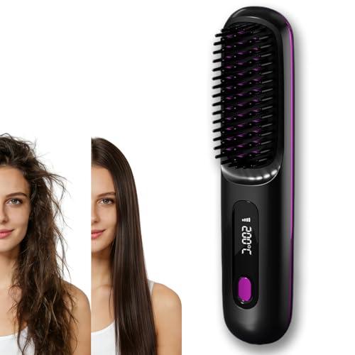 Go Brush Pro for Short Hair, Portable Straightener Brushs for Travel, with LCD Temperature Display, Fast Heating Cordless Mini Hair Brushs Styling Tools (Black)