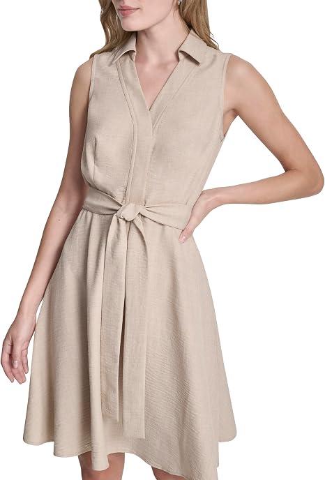 DKNY Women's Sleeveless Collared Neck Mélange Washer Fit and Flare Dress, 12, Beige