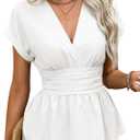 Astylish Women's Elegant Wrap V Neck Peplum Tops Cap Sleeve Stretchy Ruched Ruffle Dressy Blouses Shirts (White, L)