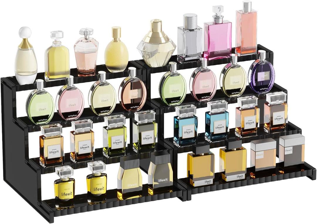 Lifewit 4 Tier Black Display Riser Stand with Decorative Secure Fences, Tool-free Assembly, Plastic 12 Inch Cologne Perfume Organizer, Display for Figures, Cupcake, Dessert, 2-pack Lifewit 4 Tier Black Display Riser Stand with Decorative Secure Fences, Tool-free Assembly, Plastic 12 Inch Cologne Perfume Organizer, Display for Figures, Cupcake, Dessert, 2-pack
