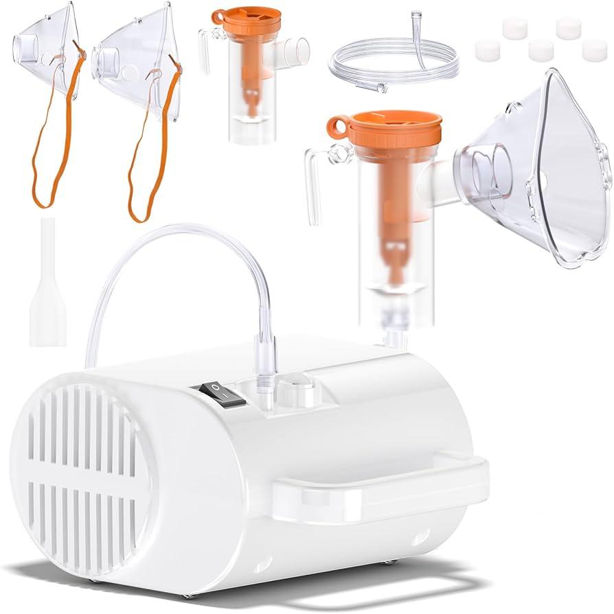 Portable Nebulizer Machine for Adults and Kids, Professional Handheld Inhaler Mist Breathing Compressor System Kit with Adjustable Cup, Adult and Kid Mask, Mouthpiece, Tubing for Home and Travel Use