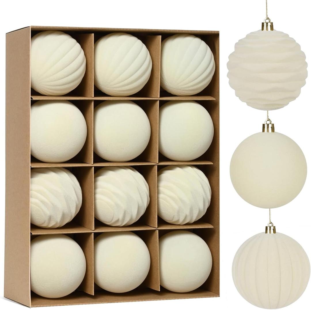 Waipfaru 12Pcs Velvet Ornaments for Christmas Tree, 3.15 Inch Beige Velvet Christmas Ornaments Balls Set, Cream White Shatterproof Flocked Hanging Ornaments for Xmas Tree Wreath Garland Home Decor