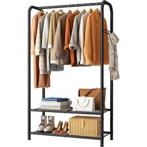 SINGAYE Clothing Racks For Hanging Clothes Rack Portable Closet Garment Coat Rack With Shelves Heavy Duty Hanger Stand Wardrobe Free Standing Closet (B1-11.5"D x 32"W x 72"H, Black)